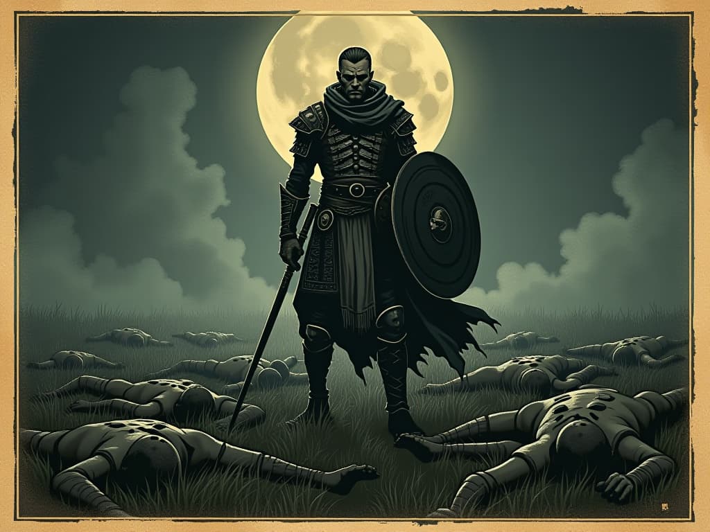  a stoic warrior with battle scars, standing amidst a field of fallen enemies, dim moonlight casting long shadows, mood of strength and perseverance. an illustration in the style of a worn, mystical old tarot trump card, mysterious and elements of surrealism. the colors are muted, somber and eerie, but with contrast bring out an occult and esoteric vibe.