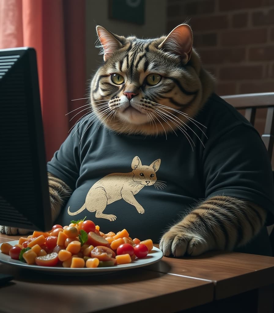  gothic style sloppy and fat cat in a t shirt with a mouse drawing, who sits in front of a computer, there is a lot of food on the table, by ilya ostroukhov, reddit, stuckism, potbelly!, giant and fat, funny photo memes, steam community, 000 wikipedia, role playing game, red bull, photo for the store, captioned, vacation photo . dark, mysterious, haunting, dramatic, ornate, detailed