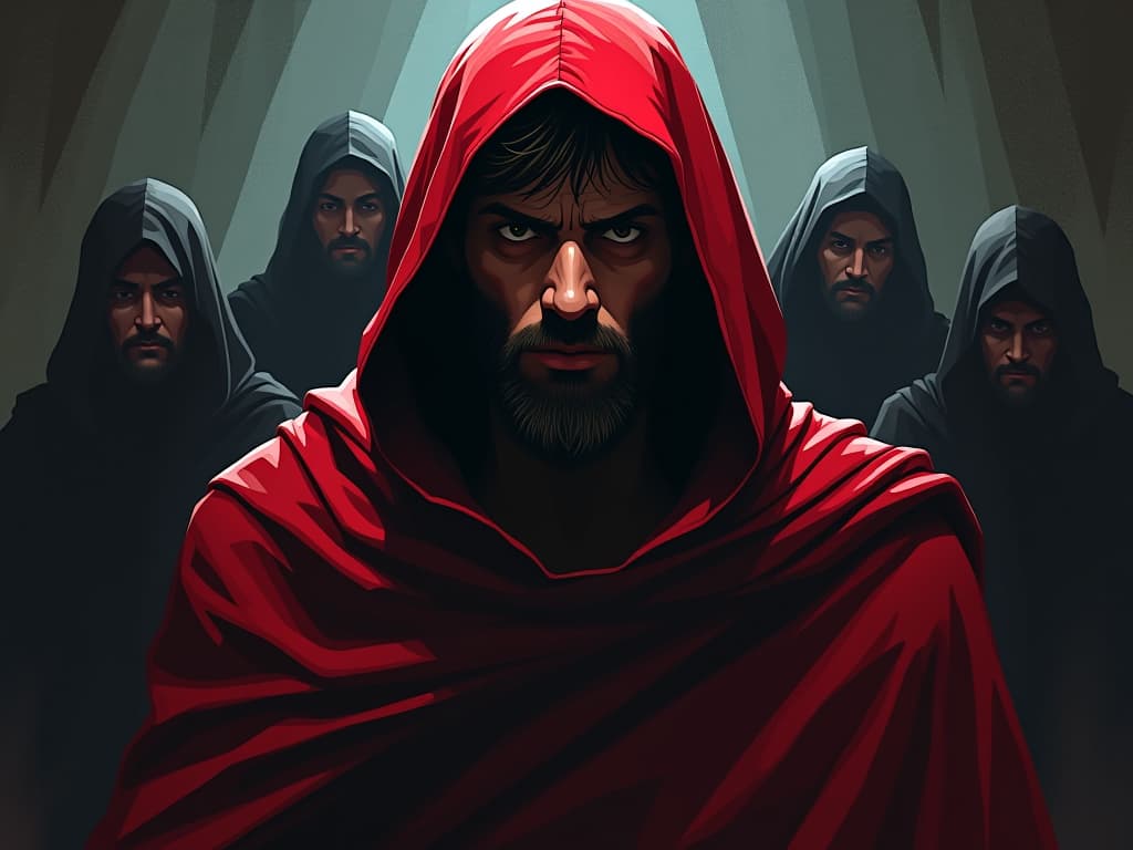  peter in red cloak, denying jesus, fear in his eyes, shadowy figures around, historical tension. the style is digital art illustration / modern comic book / graphic dark novel fantasy and mysterious occult, symbolic, moody lighting, esoteric vibe,high detail on character design. for the color scheme emphasize blacks and reds.