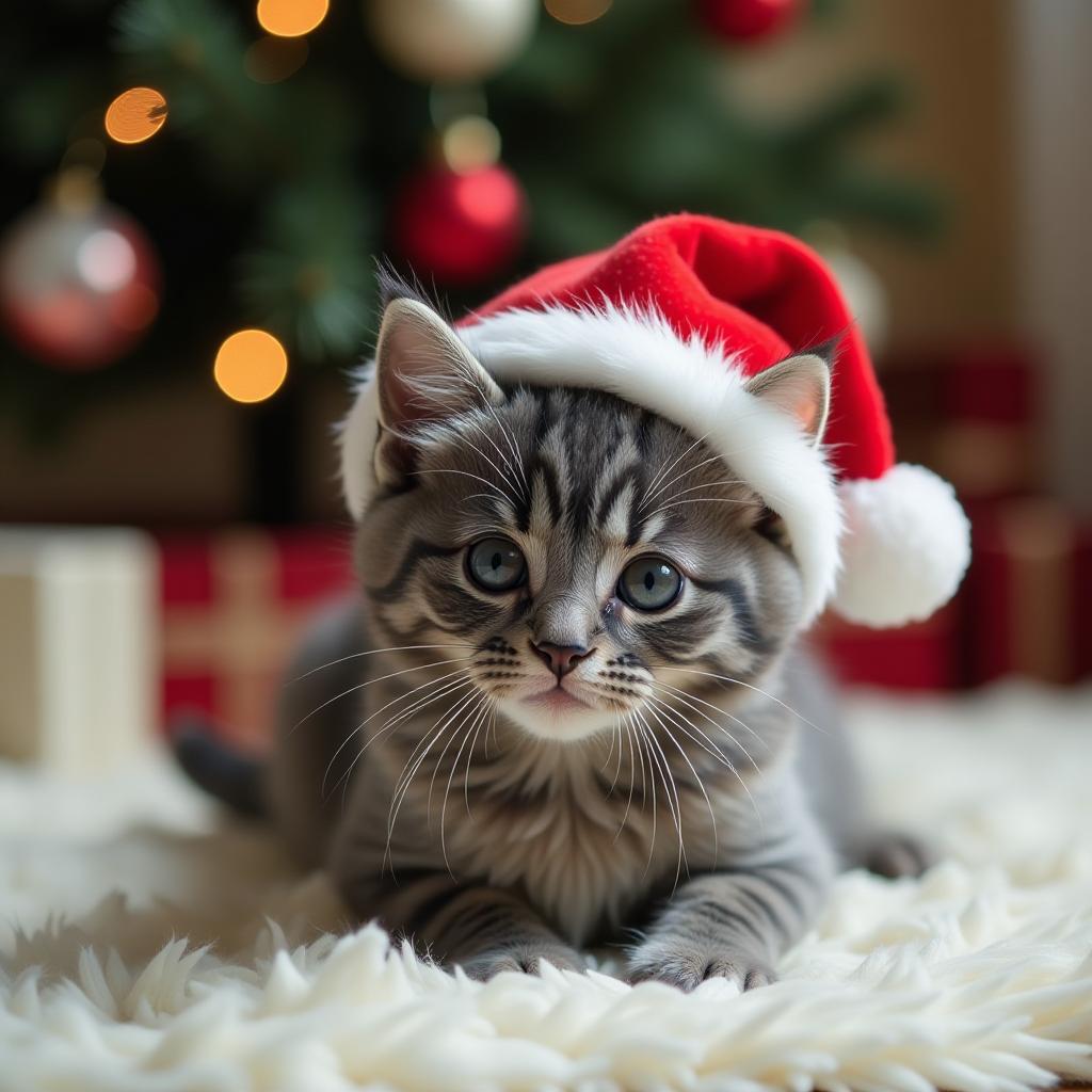  a small gray kitten in a santa claus new year's hat lies on a soft rug against the background of a christmas tree decorated with a garland and toys {prompt}, maximum details