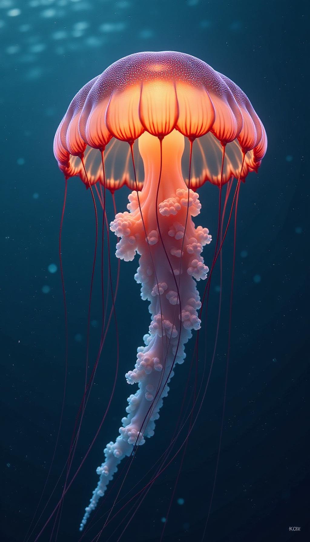  create a high quality, photorealistic image that vividly depicts the following scene: a rich, intricate tableau depicting a jellyfish drifting in the abyss of the deep sea, its delicate tentacles gently undulating. the primary focus is on the fascinating biological aspect of its translucent body which allows a view of its intricate internal structure. its primitive yet effective sensory structures radiate a luminous intelligence that we are beginning to comprehend. the surroundings are steeped in deep azure waters, with illuminating marine organisms forming the natural constellation in the backdrop. captured using advanced underwater photography gear, the image offers an exquisite blend of natural enigma and scientific discovery.  hyperrealistic, full body, detailed clothing, highly detailed, cinematic lighting, stunningly beautiful, intricate, sharp focus, f/1. 8, 85mm, (centered image composition), (professionally color graded), ((bright soft diffused light)), volumetric fog, trending on instagram, trending on tumblr, HDR 4K, 8K