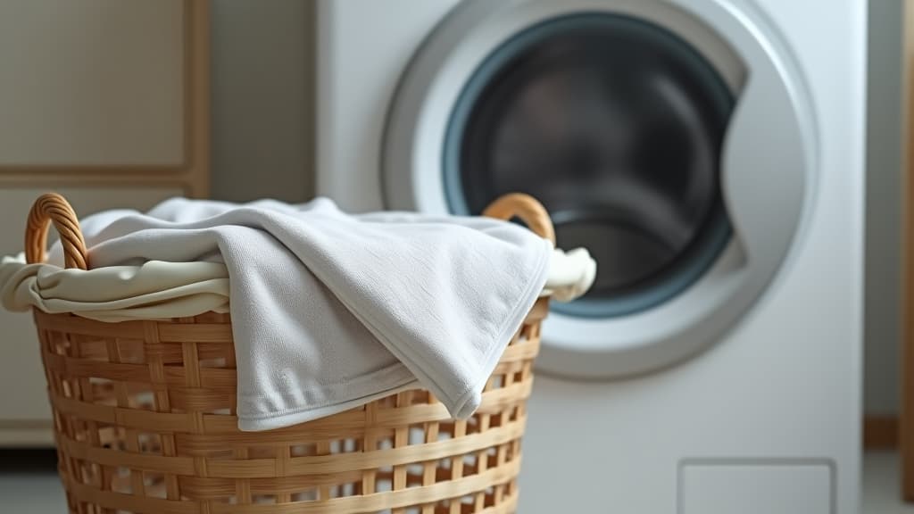  a laundry basket with a towel in front of a washing machine