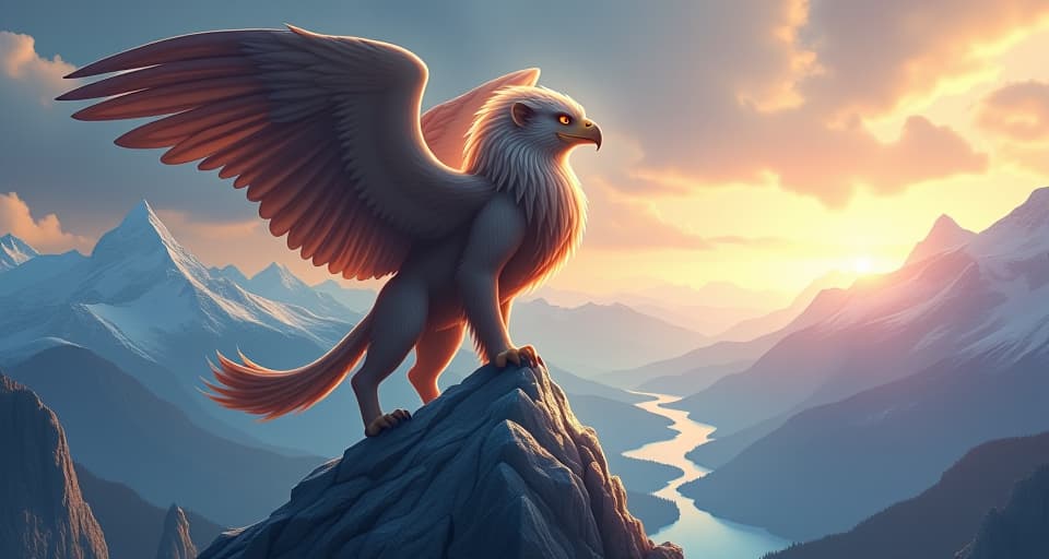  a mythical griffin, half lion, half eagle, with eyes that reflect wisdom and insight. the griffin perches atop a crystalline peak overlooking a radiant valley, symbolizing the revealed reality of situations.. the style is digital art illustration,highly detailed, whimsical,magical, dreamlike atmosphere, realism and fantasy blend, smooth, glossy textures,luminous quality, wonder and enchantment.