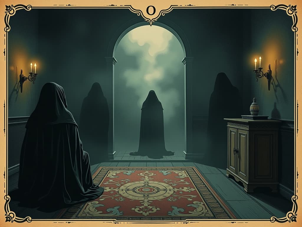  a shadowy room with ghostly whispers, hazy figures in the background, chaotic aura, unnerving, ethereal wisps.. an illustration in the style of a worn, mystical old tarot trump card, mysterious and elements of surrealism. the colors are muted, somber and eerie, but with contrast bring out an occult and esoteric vibe.