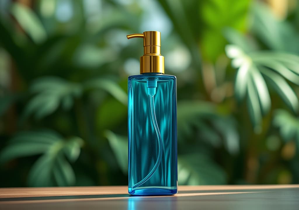  blue pump bottle with gold top on a table in front of tropical plants, high quality, high details, hd, perfect composition, 4k epic detailed, highly detailed, sharp focus, high resolution