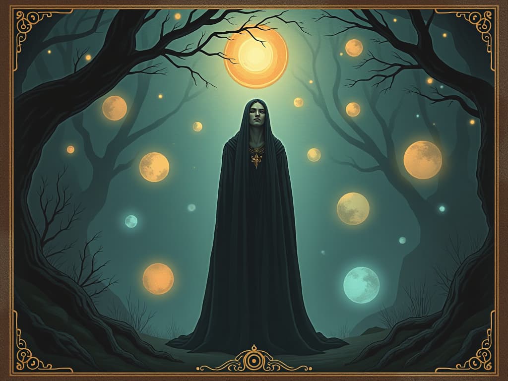  a serene figure standing amidst an ethereal landscape, glowing orbs floating around, each orb radiating different colors and energies, figure male with calm expression, harmonious, mystical. an illustration in the style of a worn, mystical old tarot trump card, mysterious and elements of surrealism. the colors are muted, somber and eerie, but with contrast bring out an occult and esoteric vibe.