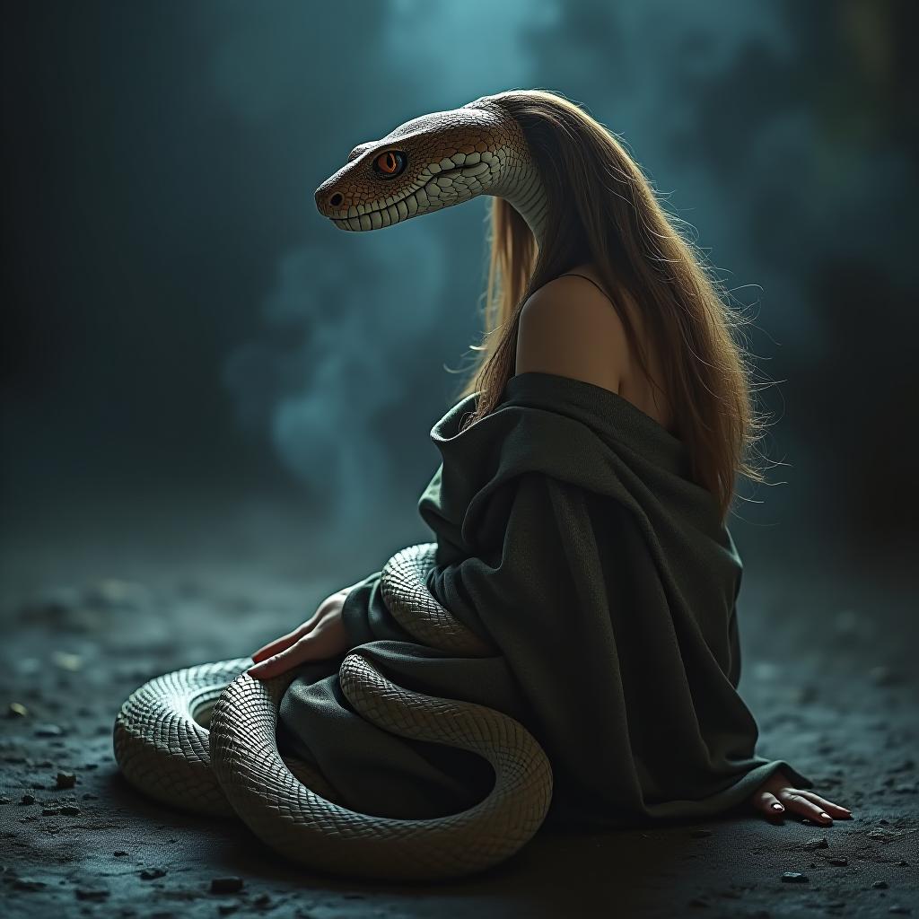   hyperual snake with a snake body and tail lamia naga hyperrealistic, full body, detailed clothing, highly detailed, cinematic lighting, stunningly beautiful, intricate, sharp focus, f/1. 8, 85mm, (centered image composition), (professionally color graded), ((bright soft diffused light)), volumetric fog, trending on instagram, trending on tumblr, HDR 4K, 8K