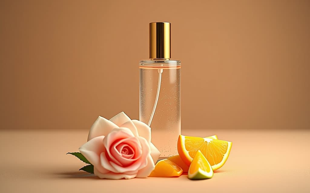  luxury product style (spray bottle without logo 1.2) without label 1.2) without labels 1.2) stands on a beige background. next to it are a bud of pale pink rose, pale pink dianthus caryophyllus var. schabaud and chopped pieces of orange and lime. bokeh, glare, sparks, bizarre lighting effects. indescribable aesthetics, studio, professional shooting. . elegant, sophisticated, high end, luxurious, professional, highly detailed hyperrealistic, full body, detailed clothing, highly detailed, cinematic lighting, stunningly beautiful, intricate, sharp focus, f/1. 8, 85mm, (centered image composition), (professionally color graded), ((bright soft diffused light)), volumetric fog, trending on instagram, trending on tumblr, HDR 4K, 8K