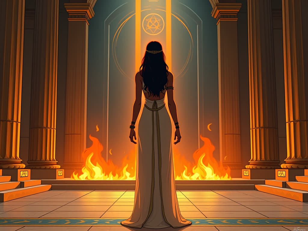  a warrior queen in a sheer, regal attire, standing before a grand altar, gazing into flames, symbolizing inner capabilities and true potential discovery. the style is digital art illustration / modern comic book / mysterious occult, symbolic, esoteric vibe,high detail on character design, incorporating ancient egyptian symbology and attire.