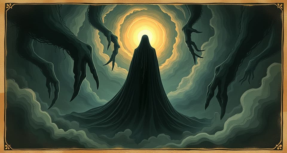  a centered figure, surrounded by swirling darkness, distant light illuminating, grappling shadows, unshaken presence. an illustration in the style of a worn, mystical old tarot trump card, mysterious and elements of surrealism. the colors are muted, somber and eerie, but with contrast bring out an occult and esoteric vibe.