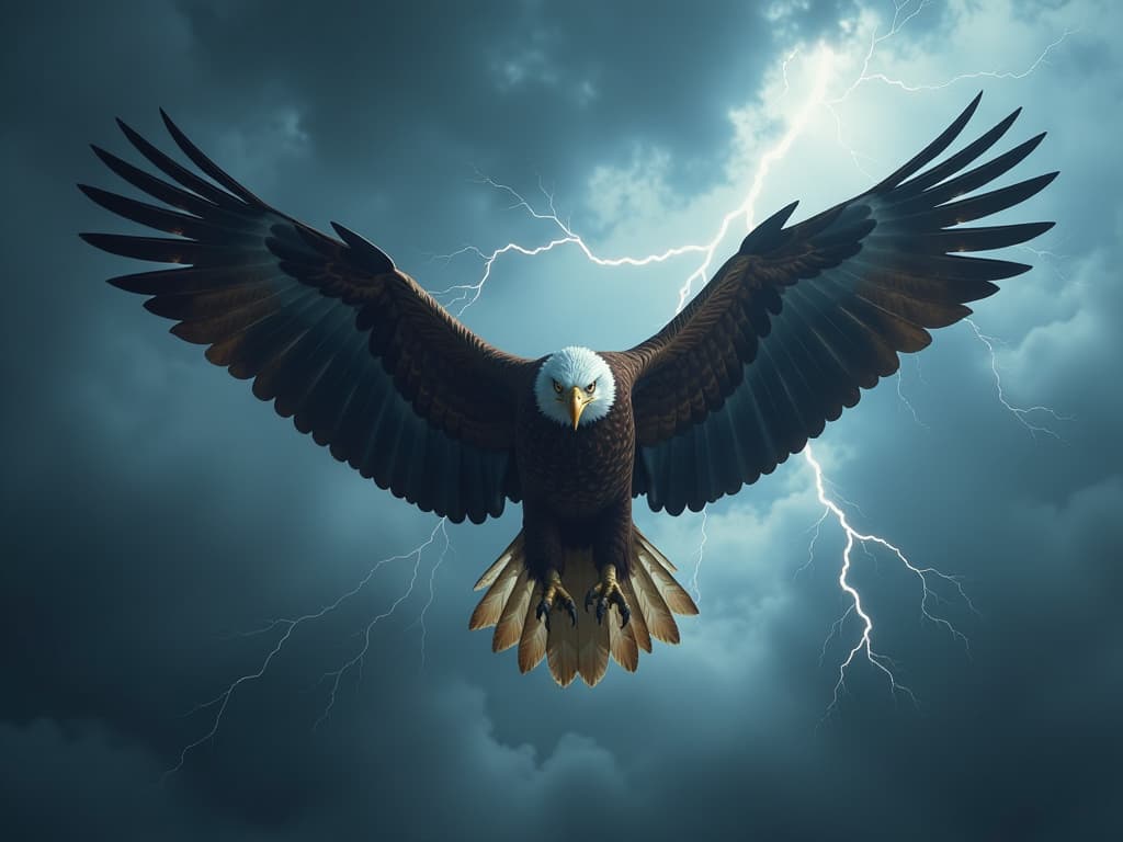  create a majestic and fierce eagle soaring through stormy skies. the eagle's wings are wide and powerful, with feathers detailed and sharp. its piercing eyes are focused below, and its beak is slightly open as it prepares to dive. dark storm clouds and lightning create an intense and thrilling background. hyperrealistic, full body, detailed clothing, highly detailed, cinematic lighting, stunningly beautiful, intricate, sharp focus, f/1. 8, 85mm, (centered image composition), (professionally color graded), ((bright soft diffused light)), volumetric fog, trending on instagram, trending on tumblr, HDR 4K, 8K