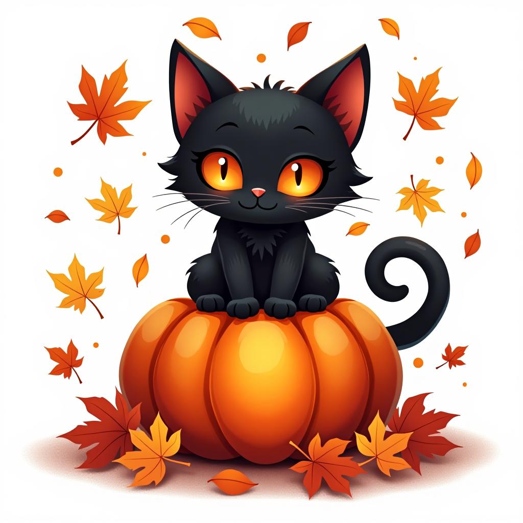  a cute black cat with glowing eyes sitting on a pumpkin, surrounded by swirling autumn leaves in a whimsical style, with warm, moody lighting. t shirt design, vector, contour, white background, no mockup hyperrealistic, full body, detailed clothing, highly detailed, cinematic lighting, stunningly beautiful, intricate, sharp focus, f/1. 8, 85mm, (centered image composition), (professionally color graded), ((bright soft diffused light)), volumetric fog, trending on instagram, trending on tumblr, HDR 4K, 8K