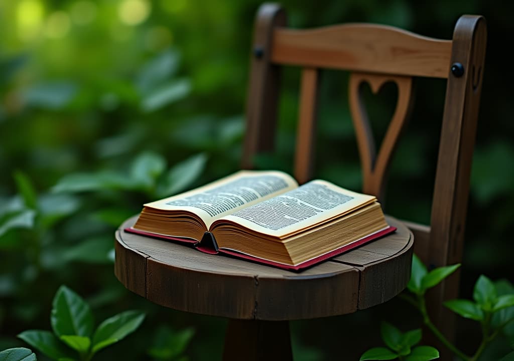  whispers of antiquity: a book resting on a rustic wooden chair amidst lush greenery