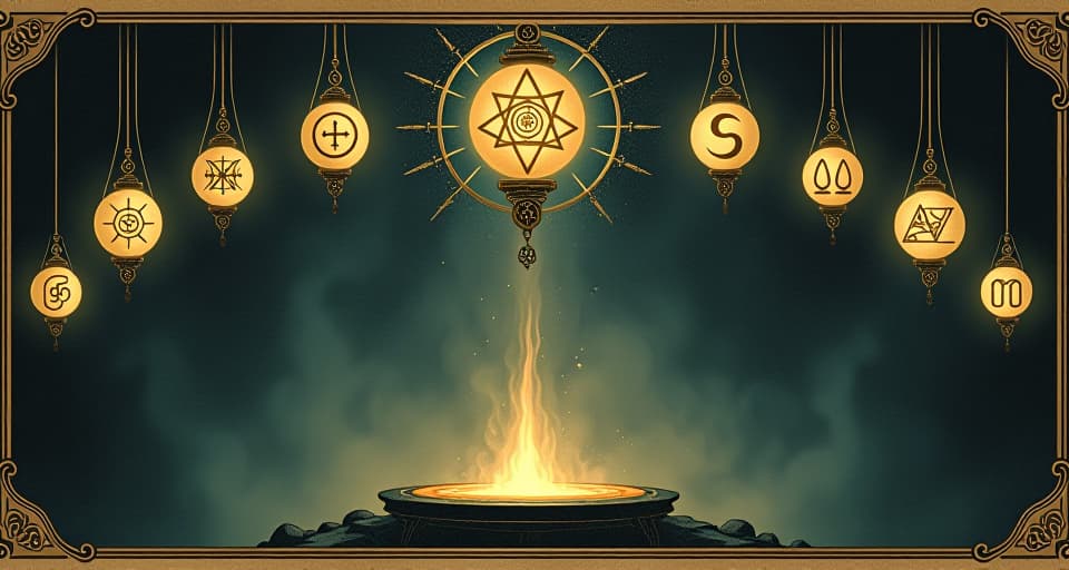  a circle of glowing orbs, each orb with a different intricate symbol inside, floating above a mystical altar, beacons of strength, ethereal light. an illustration in the style of a worn, mystical old tarot trump card, mysterious and elements of surrealism. the colors are muted, somber and eerie, but with contrast bring out an occult and esoteric vibe.