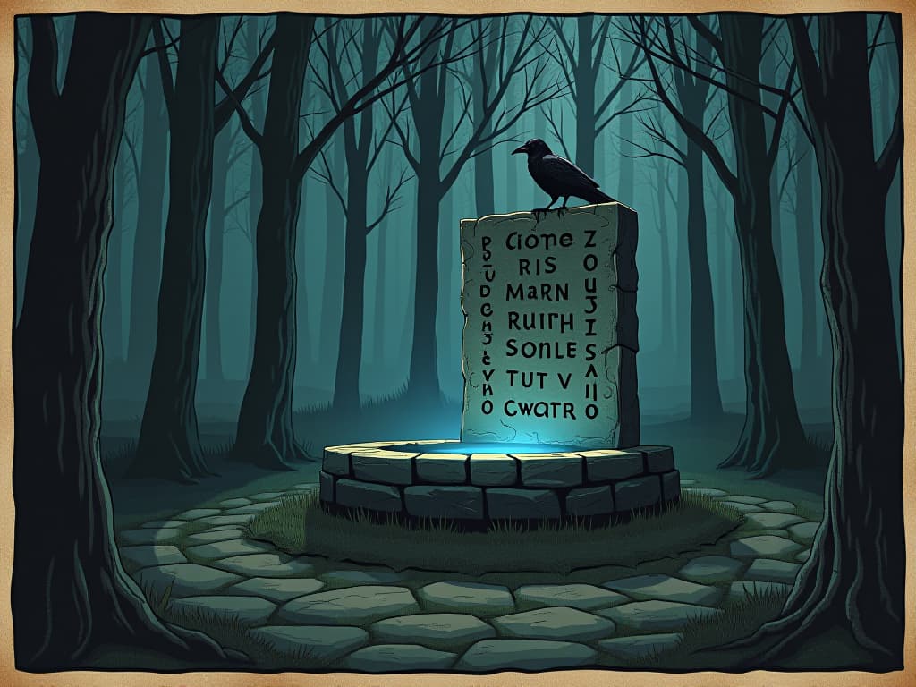  a stone well in a dark forest, norse runes etched into the stone, glowing softly, a raven perched on the edge, an ethereal blue light emanating from the well, stark, mystic, sacred. an illustration in the style of a worn, mystical old tarot trump card, mysterious and elements of surrealism. the colors are muted, somber and eerie, but with contrast bring out an occult and esoteric vibe.