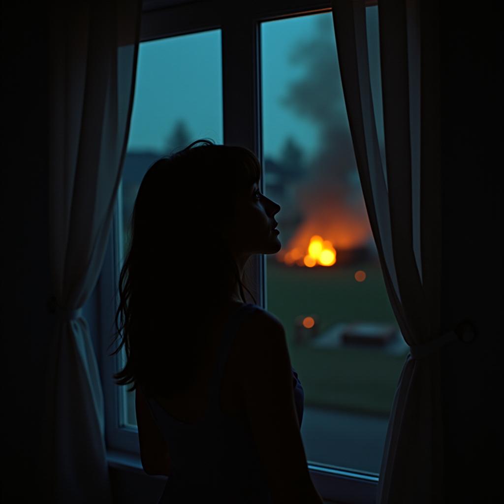  a young woman late at night, she stands by her bedroom window, her face illuminated by the bright light of a fire outside, she looks frightened as she gazes out the window, a masterpiece, cinematography, film, photorealism