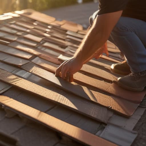 A photo of a roofing supplier inspecting a stack of shingles in a busy construction yard during the golden hour with warm, soft sunlight casting long shadows and illuminating the textures of the materials.