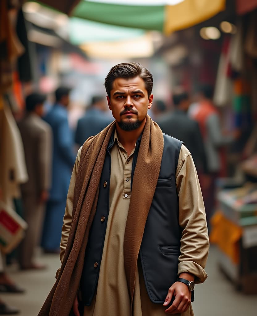  leonardo dicaprio in pakistani clothes standing in busy market in pakistan