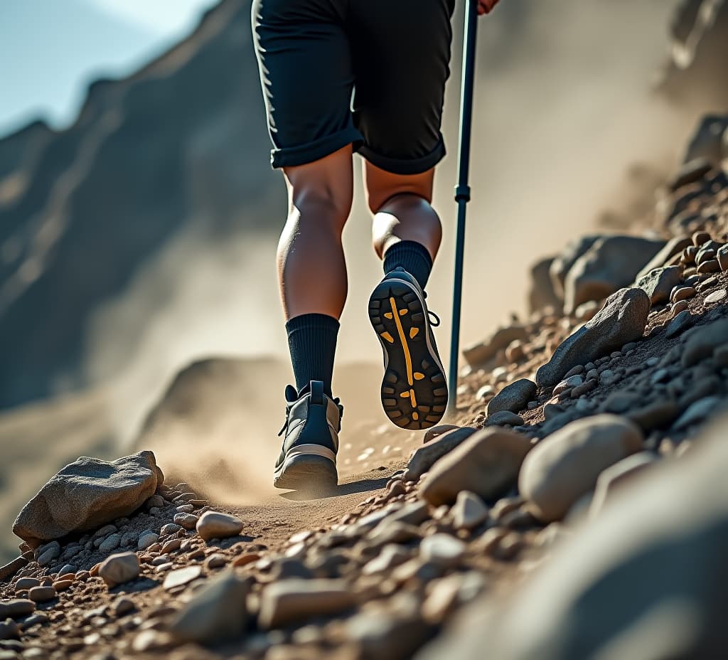  a hiker climbs a steep rocky hill wearing hiking boots, leaving a trail of dust in their wake as they make their way over the difficult terrain with perseverance and drive,