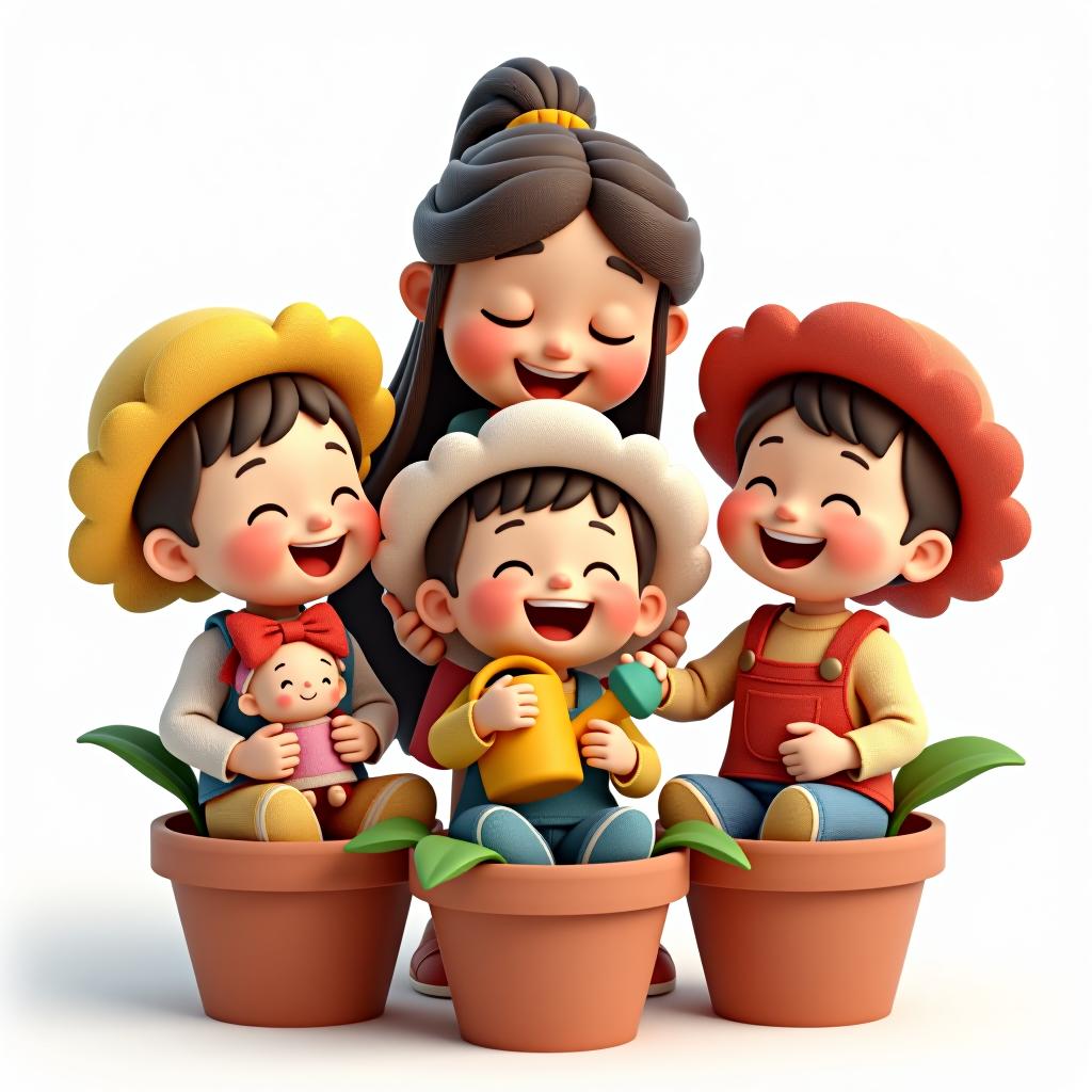  3d of two cute laughing boys and one girl with a doll in her hand, sitting in flower pots, wearing hats shaped like flower petals, while a lovely female caregiver waters them with a watering can against a white background.