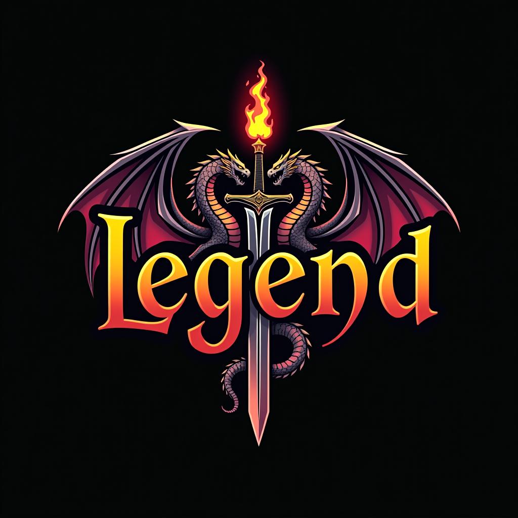  design a logo, custom sticker design on an isolated black background with the words ‘legend’ in bold font decorated by mythical dragons and a flaming sword