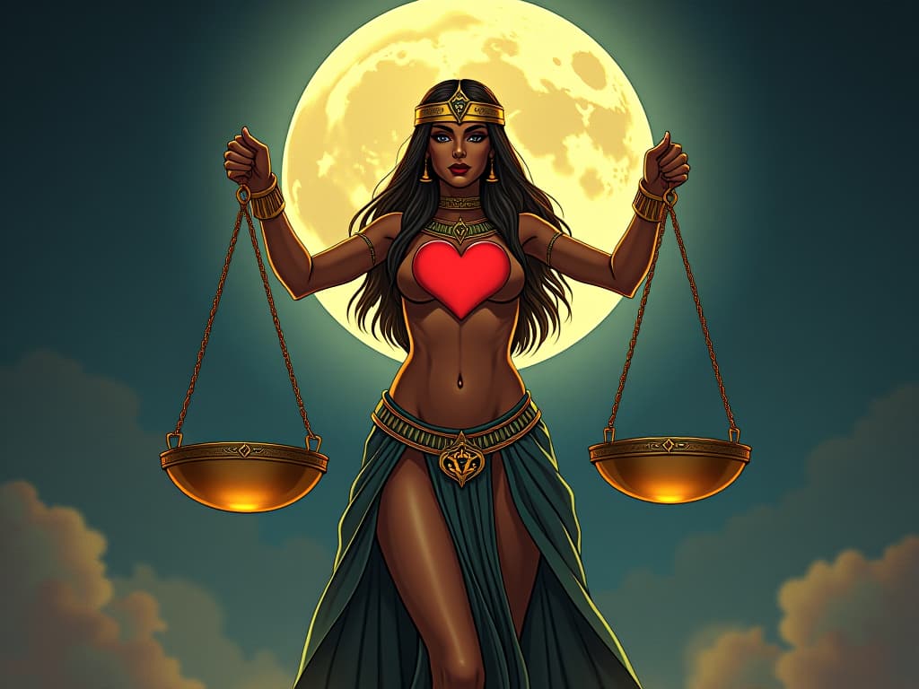  golden scales of ma'at under the moon, with a large busted goddess in sheer attire weighing the heart, symbolizing the role in creating positive change, moonlight providing divine guidance. the style is digital art illustration / modern comic book / mysterious occult, symbolic, esoteric vibe,high detail on character design, incorporating ancient egyptian symbology and attire.