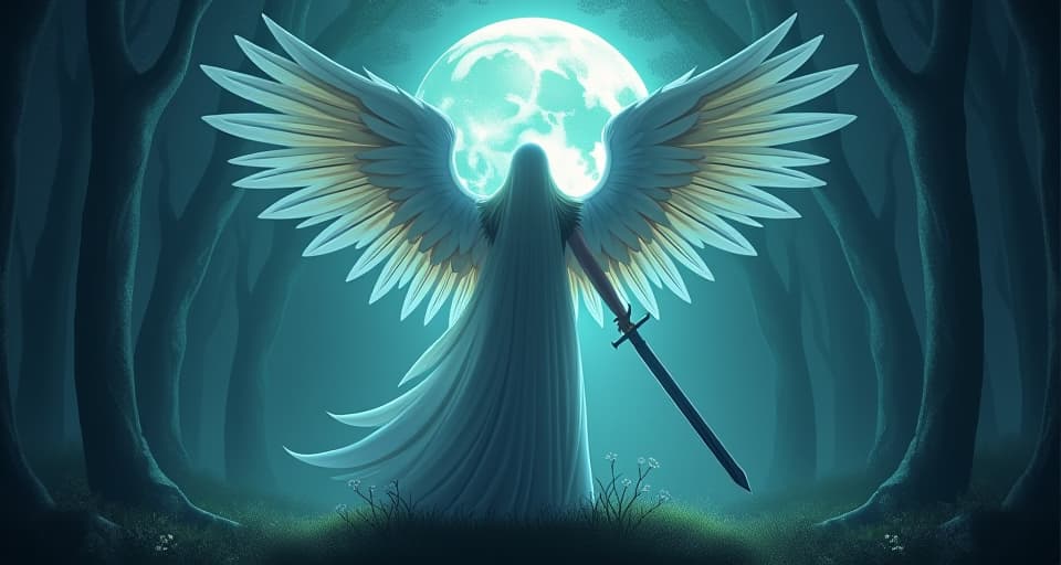  a celestial guardian with luminous wings and a radiant sword, standing tall in a moonlit grove, their presence essential in a world craving light and darkness.. the style is digital art illustration,highly detailed, whimsical,magical, dreamlike atmosphere, realism and fantasy blend, smooth, glossy textures,luminous quality, wonder and enchantment.