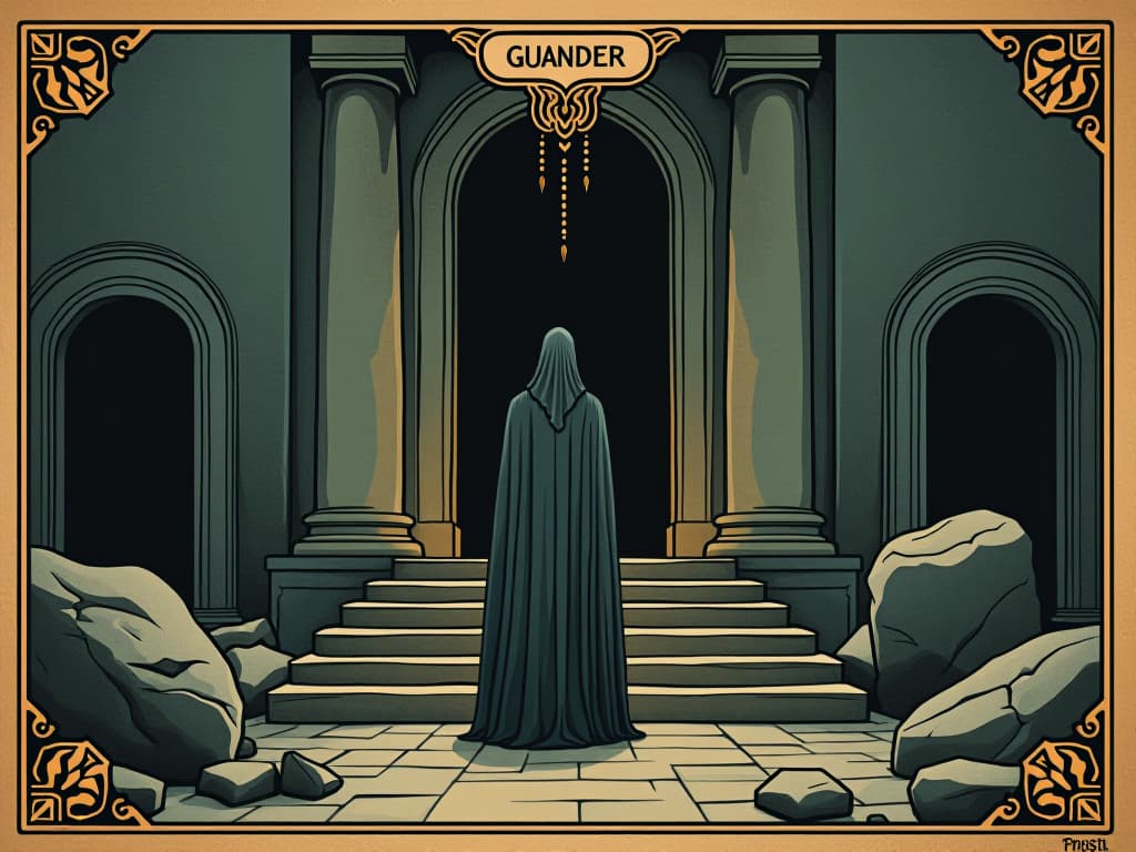  a guardian at the entrance of a temple, robed figure, watchful eyes, stone steps, serene setting, protective atmosphere. an illustration in the style of a worn, mystical old tarot trump card, mysterious and elements of surrealism. the colors are muted, somber and eerie, but with contrast bring out an occult and esoteric vibe.