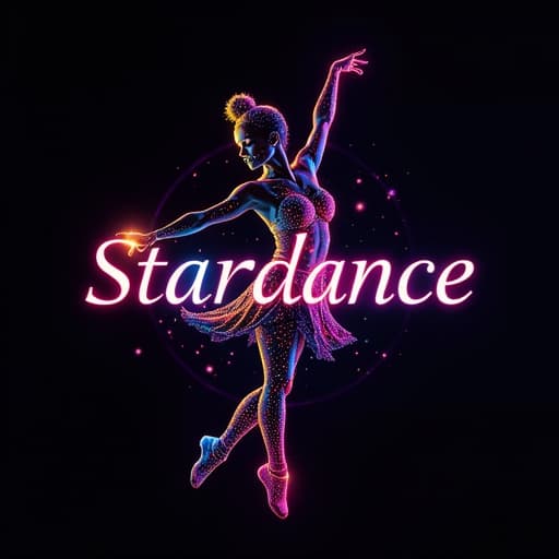  futuristic logoa vibrant, colorful dancer logo with intricate details, the word "stardance" written in a futuristic font, entire design should be set against a solid black background.given brand name "dance studio" logo will also be written hyperrealistic, full body, detailed clothing, highly detailed, cinematic lighting, stunningly beautiful, intricate, sharp focus, f/1. 8, 85mm, (centered image composition), (professionally color graded), ((bright soft diffused light)), volumetric fog, trending on instagram, trending on tumblr, HDR 4K, 8K