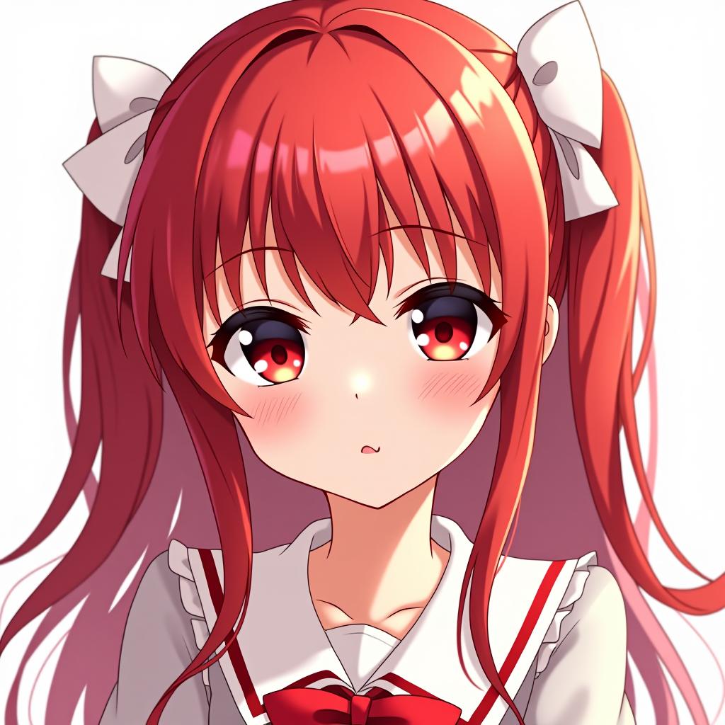  a girl with red hair and white bows on the sides. shounen anime style.