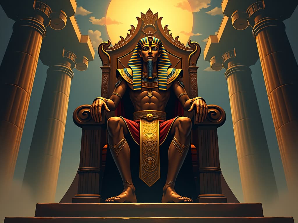  pharaoh on a majestic throne, surveying his realm, mood of mastery and dominion. the style is digital art illustration / modern comic book / mysterious occult, symbolic, esoteric vibe,high detail on character design, incorporating ancient egyptian symbology and attire.