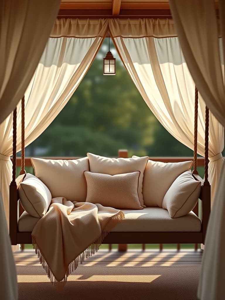  high quality portrait photo of a whimsical porch swing bed adorned with plush pillows and a cozy throw blanket, framed by billowing sheer curtains, viewed from a slight side angle hyperrealistic, full body, detailed clothing, highly detailed, cinematic lighting, stunningly beautiful, intricate, sharp focus, f/1. 8, 85mm, (centered image composition), (professionally color graded), ((bright soft diffused light)), volumetric fog, trending on instagram, trending on tumblr, HDR 4K, 8K