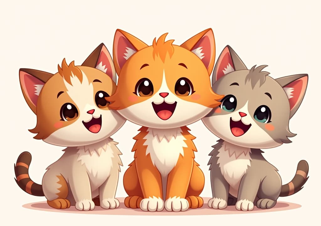  three cute cartoon kittens with different coat colors, showing a naughty and lively atmosphere.