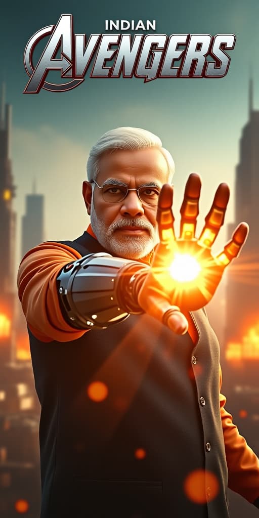  good quality, high quality, a hyper realistic movie poster titled "indian avengers" featuring narendra modi as a cyborg robot. he launches a powerful hand attack on ultron, his mechanical arm glowing with intense energy. modi’s face, part human and part robotic, is determined as the force of the strike sends shockwaves through the scene. the background shows a futuristic cityscape with indian architecture, with the title "indian avengers" prominently displayed above.