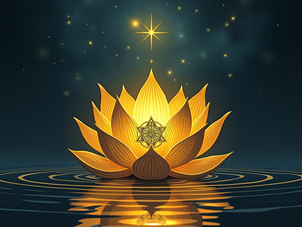  emergence of hidden talents, symbolized by a golden lotus blossoming under the night sky, stars reflecting in still water, ancient symbols woven into the petals, aura of revelation and discovery. the style is digital art illustration / modern comic book / mysterious occult, symbolic, esoteric vibe,high detail on character design, incorporating ancient egyptian symbology and attire.