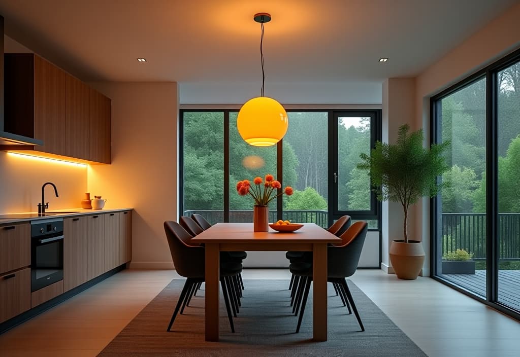  a landscape photo of a contemporary kitchen featuring a statement light fixture over a simple dining area, showcasing an affordable way to add drama to the space hyperrealistic, full body, detailed clothing, highly detailed, cinematic lighting, stunningly beautiful, intricate, sharp focus, f/1. 8, 85mm, (centered image composition), (professionally color graded), ((bright soft diffused light)), volumetric fog, trending on instagram, trending on tumblr, HDR 4K, 8K