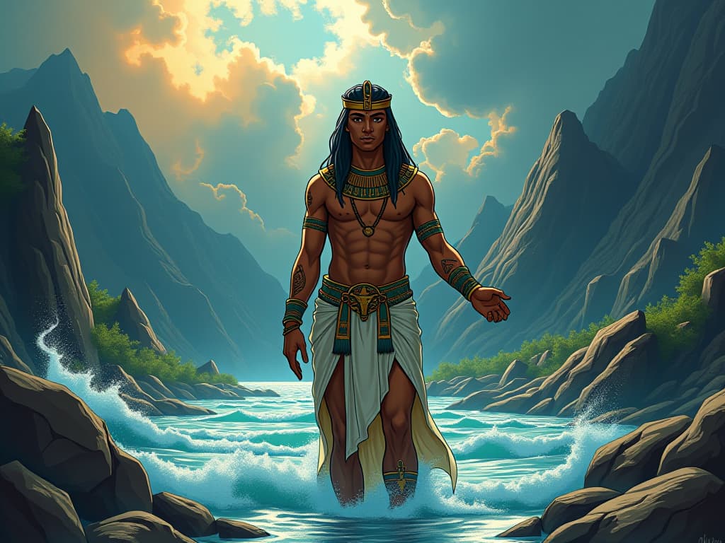  maui altering the course of nature, rivers changing direction, mountains moving, scene depicting divine manipulation. the style is digital art illustration / modern comic book / mysterious occult, symbolic, esoteric vibe,high detail on character design, incorporating ancient egyptian symbology and attire.