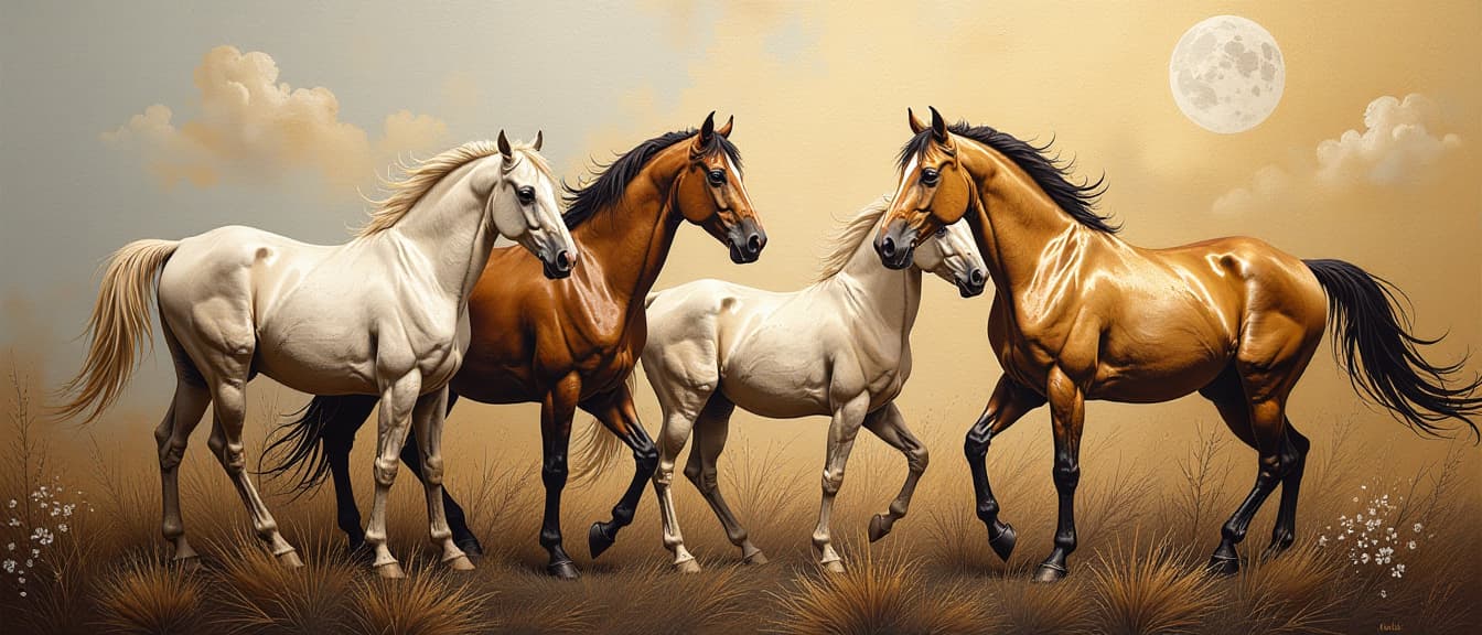  painting abstract oil on canvas. animals, gold, horses, canvas, contemporary artwork, paint spots, paint strokes, knives, large strokes, mural, wall art, high quality, high details, hd, perfect composition, 4k epic detailed, highly detailed, sharp focus, high resolution