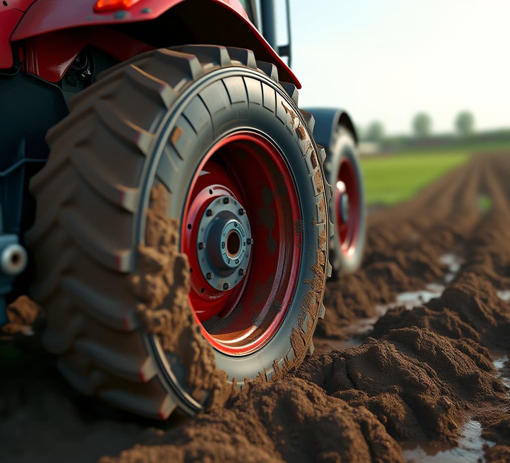  red tractor tire turning up mud in a field, high quality, high details, hd, perfect composition, 4k epic detailed, highly detailed, sharp focus, high resolution