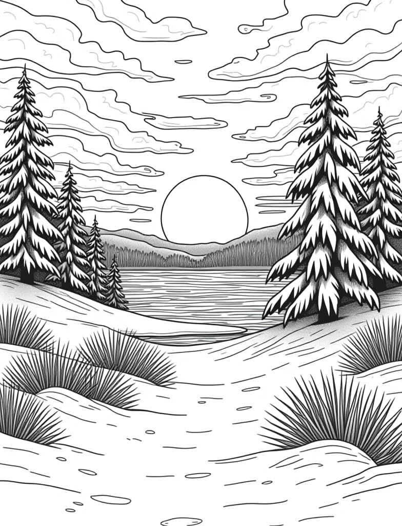  this is for an adult coloring page. a detailed black and white line art of a snowy winter sunset over a snow covered beach on a solid white background.