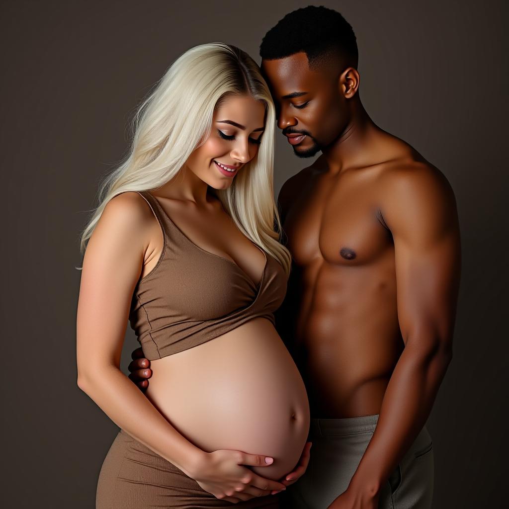  make an image of a blonde woman that is pregnant with fair skin and brown eyes with the dad who is a light skinned rasta