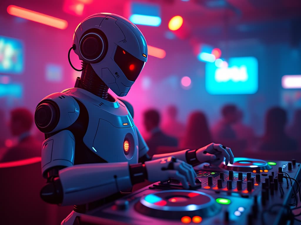  robot at dj remote, club, neon lamps