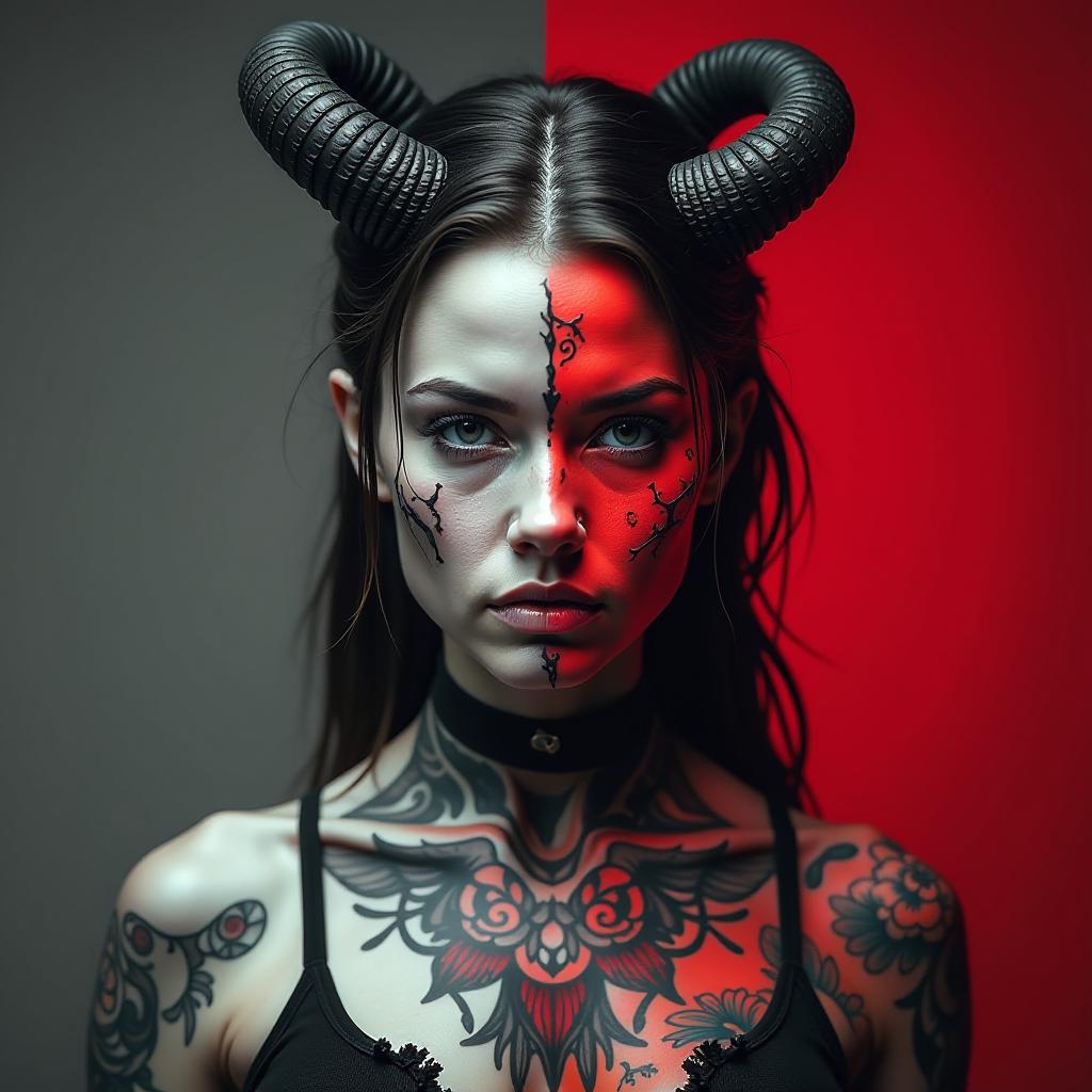  a portrait of a woman with horns, split into two contrasting halves. one side is grayscale with intricate tattoos and a serious expression, while the other side is in vivid colors with a more intense and fierce look. the background is divided into gray and red, enhancing the contrast between the two halves. the overall style is edgy and artistic, blending elements of fantasy and modern tattoo art. hyperrealistic, full body, detailed clothing, highly detailed, cinematic lighting, stunningly beautiful, intricate, sharp focus, f/1. 8, 85mm, (centered image composition), (professionally color graded), ((bright soft diffused light)), volumetric fog, trending on instagram, trending on tumblr, HDR 4K, 8K