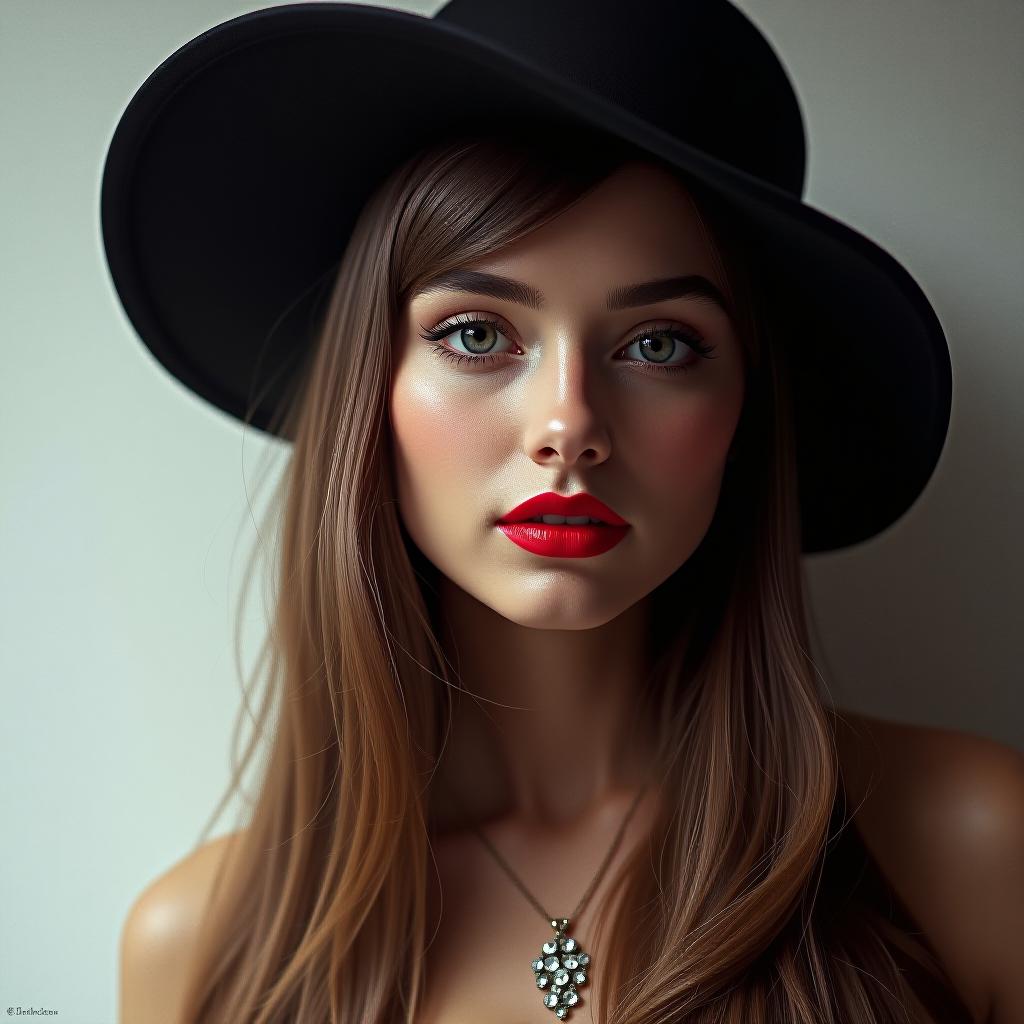  girl in a black hat, red lipstick on her lips, glamorous logo