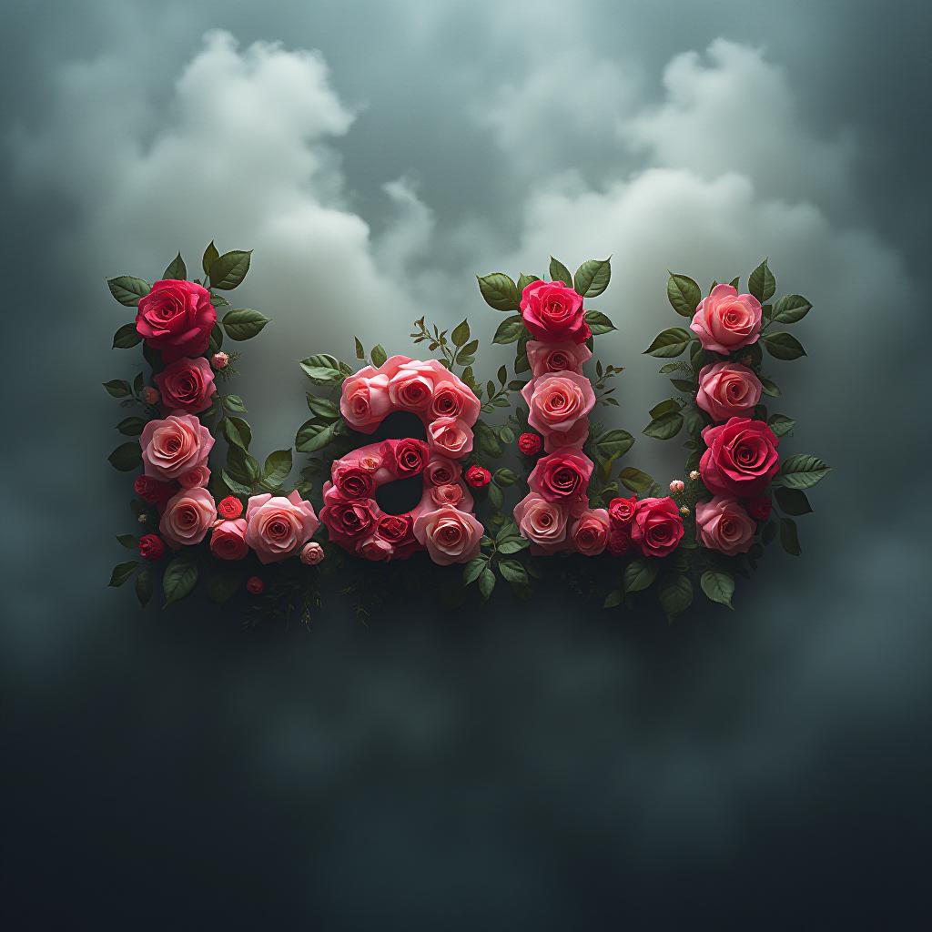  the word lali in capital letters made of different roses on a smoky background. hyperrealistic, full body, detailed clothing, highly detailed, cinematic lighting, stunningly beautiful, intricate, sharp focus, f/1. 8, 85mm, (centered image composition), (professionally color graded), ((bright soft diffused light)), volumetric fog, trending on instagram, trending on tumblr, HDR 4K, 8K