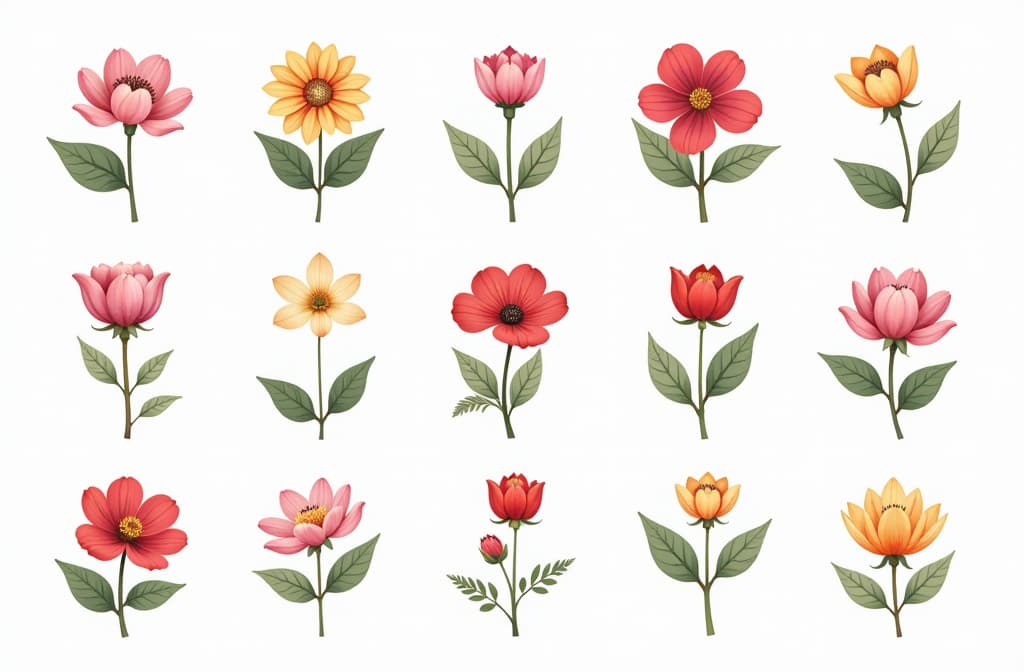  professional detailed photography, set of multicolored icons for a flower shop website on a white background ar 3:2, (muted colors, dim colors, soothing tones), (vsco:0.3)