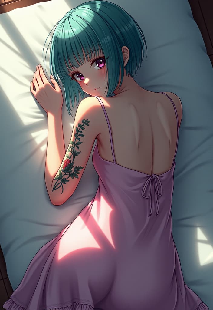  anime artwork centred, , japanese, , very short haircut, goth, thin silk pink nightie, lay on back, tatto on , heterochromia (green and blue), pale skin . anime style, key visual, vint, studio anime, highly detailed hyperrealistic, full body, detailed clothing, highly detailed, cinematic lighting, stunningly beautiful, intricate, sharp focus, f/1. 8, 85mm, (centered image composition), (professionally color graded), ((bright soft diffused light)), volumetric fog, trending on instagram, trending on tumblr, HDR 4K, 8K