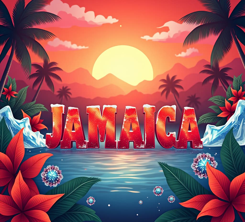  jamaica ice palette advertising flyer: vibrant red design with tropical background, plants, and sunshine in hd 4k