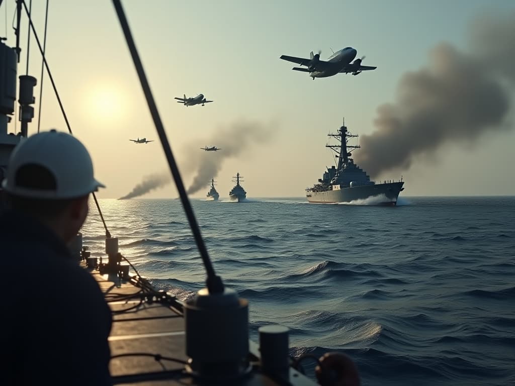  a detailed scene illustrating the uss indianapolis and uss lexington, as key warships of the united states navy, preparing for the battle of the philippine sea. the image should capture the atmosphere of wartime urgency, with sailors working diligently on the decks, aircraft being launched into the sky, and a sense of impending conflict on the horizon, reflecting the technological advancements and strategic planning of the era. hyperrealistic, full body, detailed clothing, highly detailed, cinematic lighting, stunningly beautiful, intricate, sharp focus, f/1. 8, 85mm, (centered image composition), (professionally color graded), ((bright soft diffused light)), volumetric fog, trending on instagram, trending on tumblr, HDR 4K, 8K