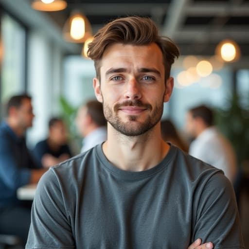  curious facial expression of young man with t shirt in foreground on the left side of picture, background with people in office talking to each other